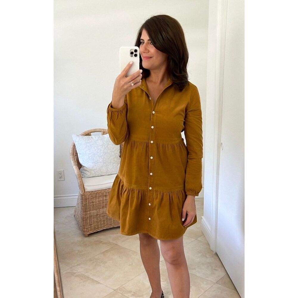 J Crew Corduroy collared mini‎ shirt dress size 2 Brown Button Front
